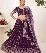 Adorable Wine Embroidered Georgette & Net Semi stitched Lehenga