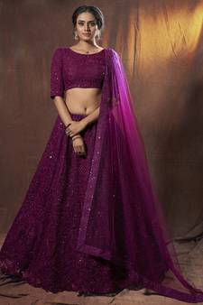 Wine thread embroidery net semi stitched Bridal lehenga