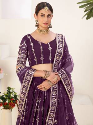 Adorable Wine Embroidered Georgette & Net Semi stitched Lehenga 2