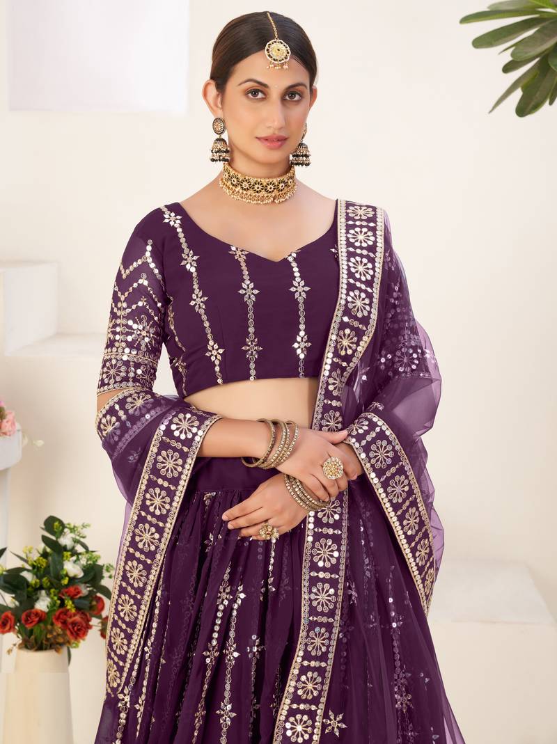 Adorable Wine Embroidered Georgette & Net Semi stitched Lehenga