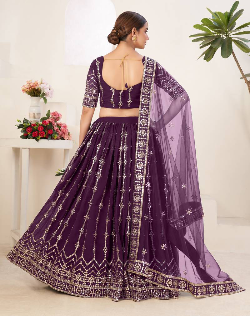 Adorable Wine Embroidered Georgette & Net Semi stitched Lehenga