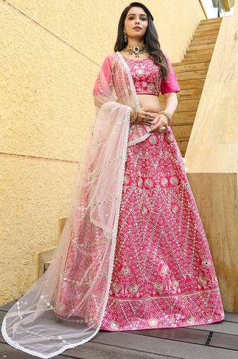 Gajri Pink Embroidered Devsena Silk Cording Dori Zari And Sequins Embroidred Wedding & Party Lehenga