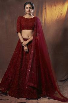 Maroon thread embroidery net semi stitched bridal lehenga