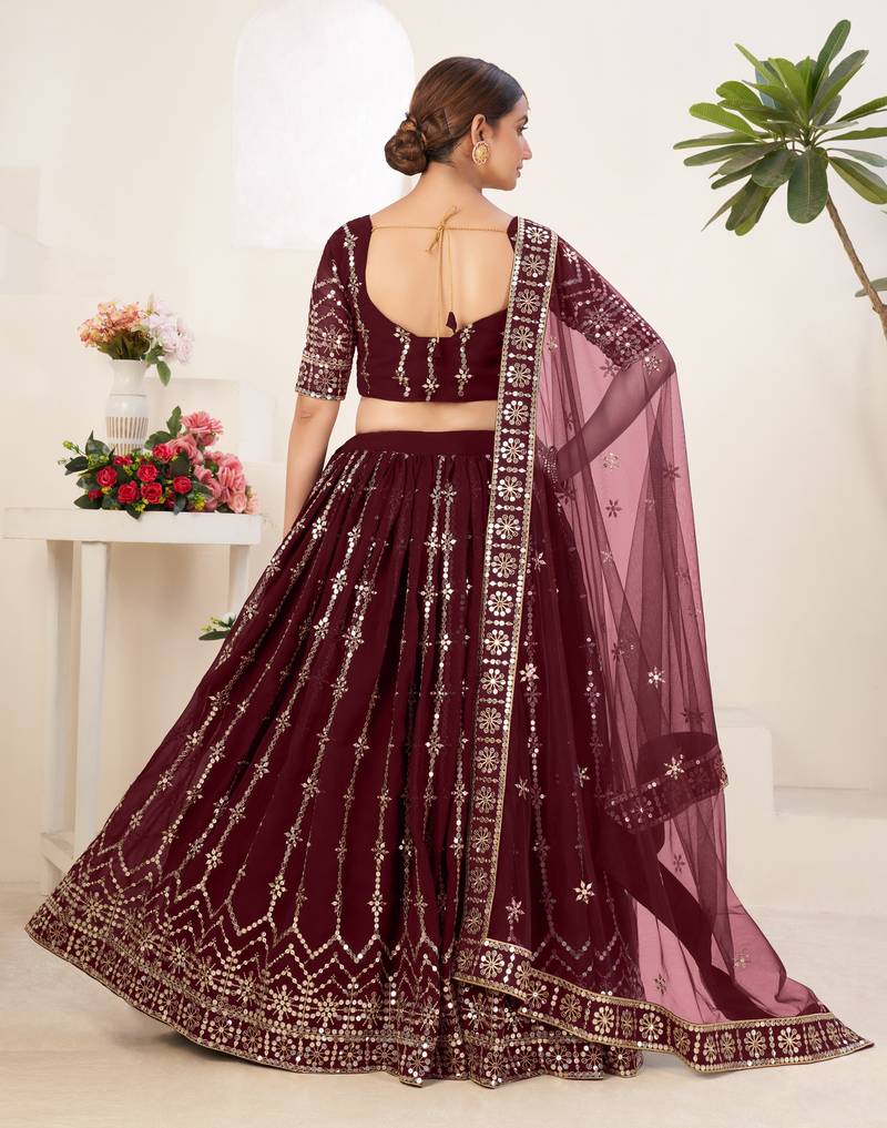 Mesmerizing Maroon embroidered georgette & net fabric lehenga choli for bride