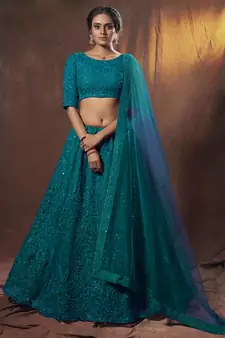 Dark-green thread embroidery net semi stitched bridal lehenga