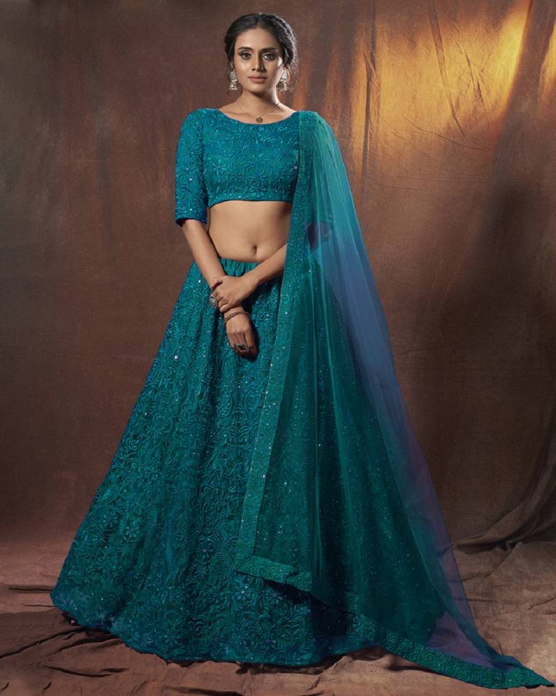 Dark-green thread embroidery net semi stitched bridal lehenga