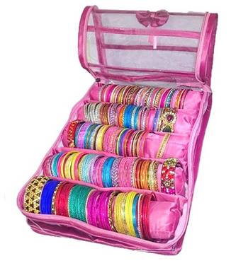 Atorakushon   Pink Satin 5 Rods Bangle Box Ring Earring Box Saree Cover Blouse Cover Travelling Wedding  Kit For Women 1