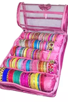 Atorakushon   Pink Satin 5 Rods Bangle Box Ring Earring Box Saree Cover Blouse Cover Travelling Wedding  Kit For Women