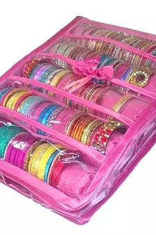 Atorakushon   Pink Satin 5 Rods Bangle Box Ring Earring Box Saree Cover Blouse Cover Travelling Wedding  Kit For Women