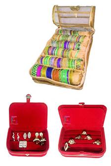 Atorakushon   gold  Satin 6 Rods Bangle Box Ring Earring Box Saree Cover Blouse Cover Travelling Wedding  Kit For Women