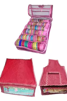 Atorakushon    Pink Satin 6 Rods Bangle Box Ring Earring Box Saree Cover Blouse Cover Travelling Wedding  Kit For Women