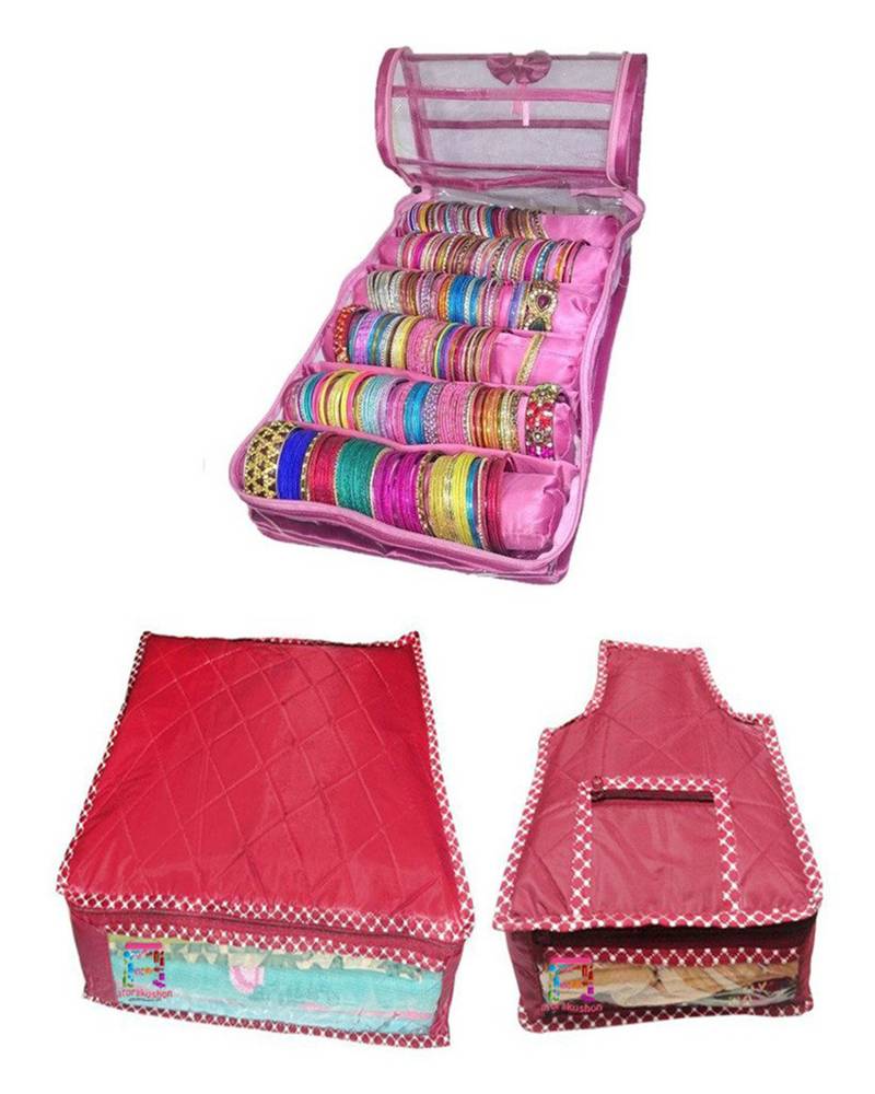 Atorakushon    Pink Satin 6 Rods Bangle Box Ring Earring Box Saree Cover Blouse Cover Travelling Wedding  Kit For Women