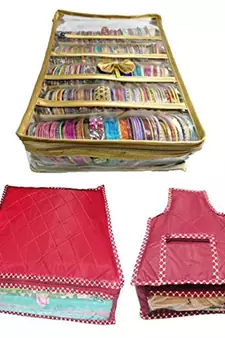 Atorakushon    gold Satin 5 Rods Bangle Box Ring Earring Box Saree Cover Blouse Cover Travelling Wedding  Kit For Women