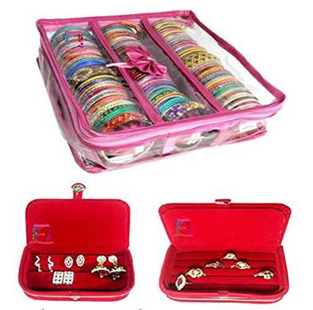 Atorakushon   Pink Satin 3 Rods Bangle Box Ring Earring Box Saree Cover Blouse Cover Travelling Wedding  Kit For Women 1