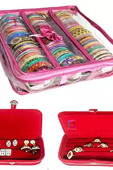 Atorakushon   Pink Satin 3 Rods Bangle Box Ring Earring Box Saree Cover Blouse Cover Travelling Wedding  Kit For Women