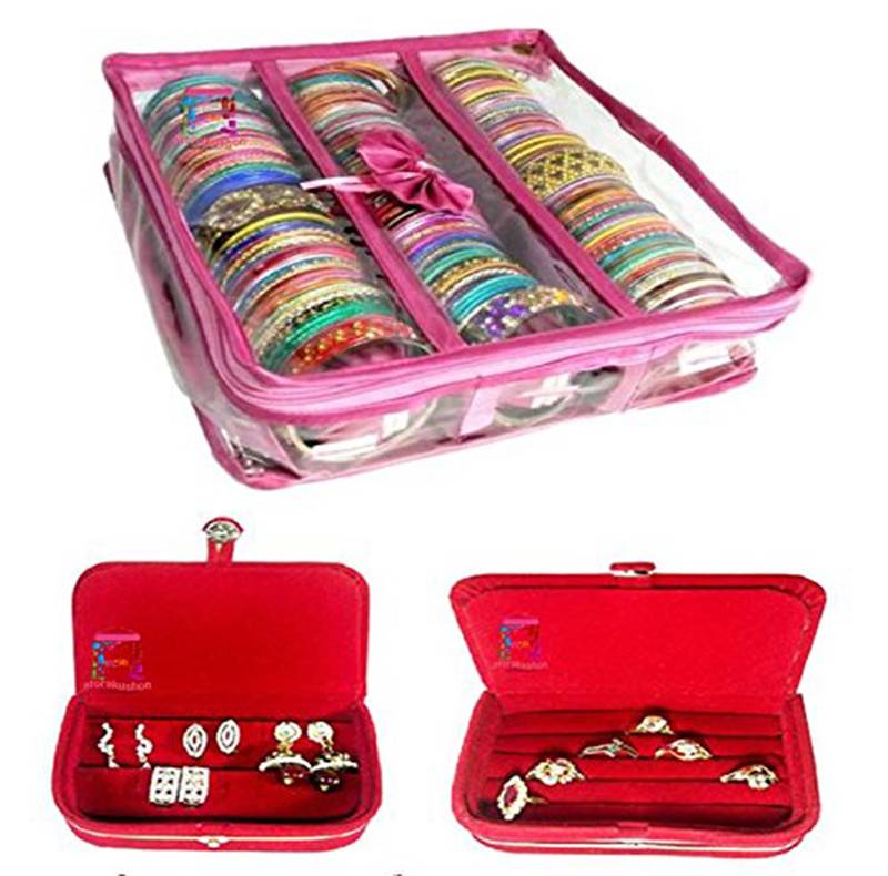 Atorakushon   Pink Satin 3 Rods Bangle Box Ring Earring Box Saree Cover Blouse Cover Travelling Wedding  Kit For Women