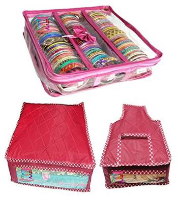 Atorakushon   Pink Satin 3 Rods Bangle Box Ring Earring Box Saree Cover Blouse Cover Travelling Wedding  Kit For Women 1