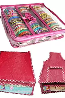 Atorakushon   Pink Satin 3 Rods Bangle Box Ring Earring Box Saree Cover Blouse Cover Travelling Wedding  Kit For Women