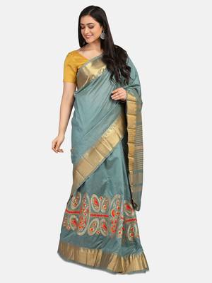 Riva enterprise Women's Cotton Silk With Jari Embroidery Designer Party Wear Saree 3