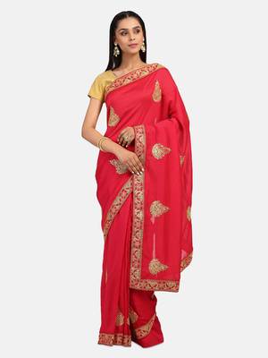 Riva Enterprise Women's Vichitra Silk With Cording Embroidery Work Exclusive Saree 1