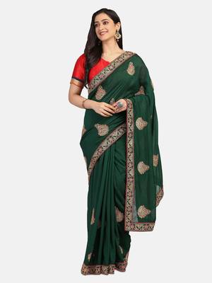 Riva Enterprise Women's Vichitra Silk With Cording Embroidery Work Exclusive Saree 1