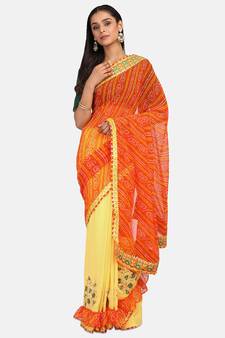 Riva Enterprise Women'S Bandhani Georgette And Vichitra Silk With Embroidery And Ruffle Saree