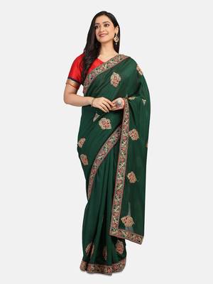 Riva Enterprise Women's Vichitra Silk With Cording Embroidery Work Exclusive Saree 1