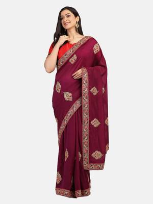Riva Enterprise Women's Vichitra Silk With Cording Embroidery Work Exclusive Saree 1