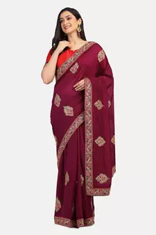 Riva Enterprise Women's Vichitra Silk With Cording Embroidery Work Exclusive Saree