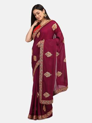 Riva Enterprise Women's Vichitra Silk With Cording Embroidery Work Exclusive Saree 3