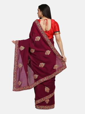Riva Enterprise Women's Vichitra Silk With Cording Embroidery Work Exclusive Saree 4