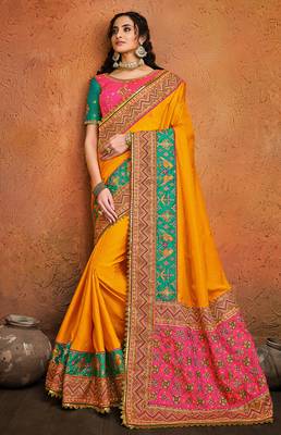 Mustard embroidered satin saree with blouse 1