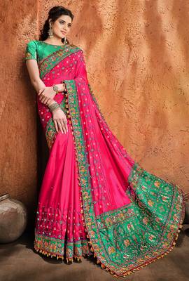 rani pink embroidered satin saree with blouse 1