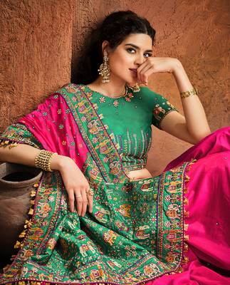 rani pink embroidered satin saree with blouse 2