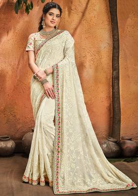 Cream embroidered georgette saree with blouse 1