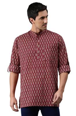 Maroon printed cotton men kurtas 5