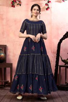 Navy-blue sequins silk Evening Long Gown