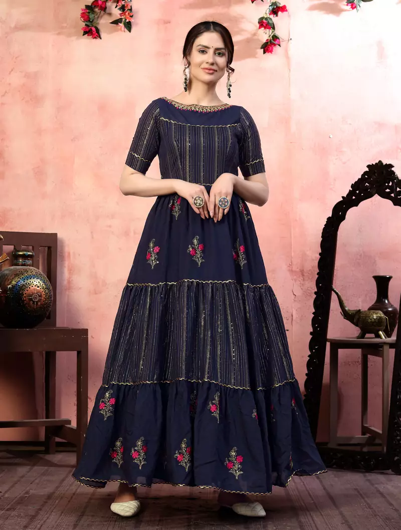 Navy-blue sequins silk Evening Long Gown