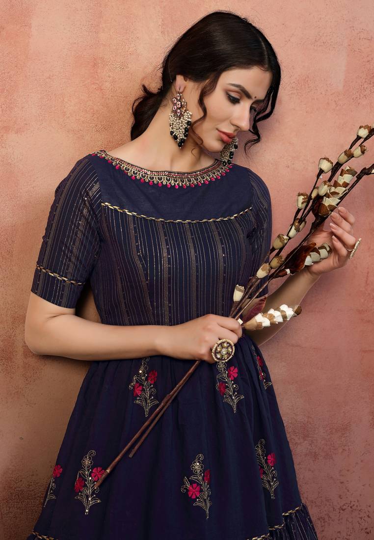 Seductive Navy-blue Thread with Zari lining Sequence Embroidered Silk Evening Long Gown