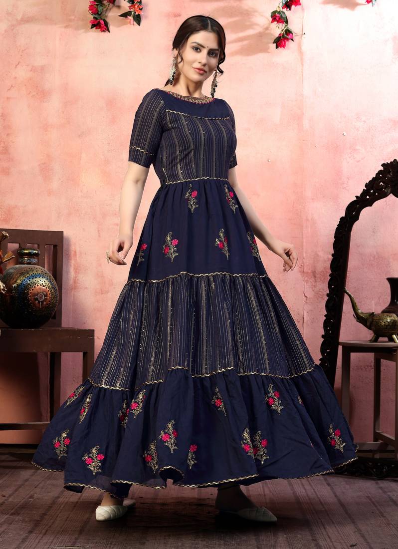 Seductive Navy-blue Thread with Zari lining Sequence Embroidered Silk Evening Long Gown
