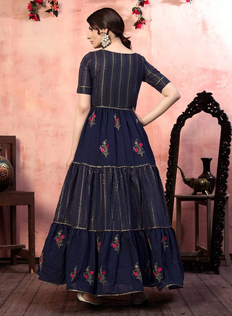 Seductive Navy-blue Thread with Zari lining Sequence Embroidered Silk Evening Long Gown