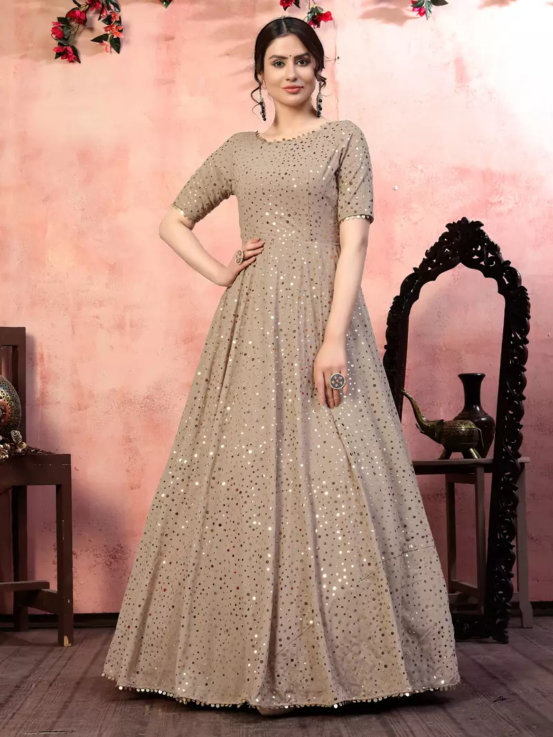 Beige sequins georgette Party Wear gown