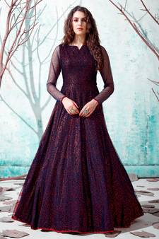 Navy-blue foilage print net Long Gown Evening