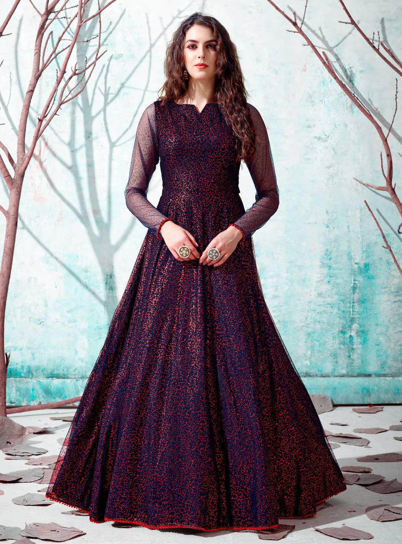 Navy-blue foilage print net Long Gown Evening