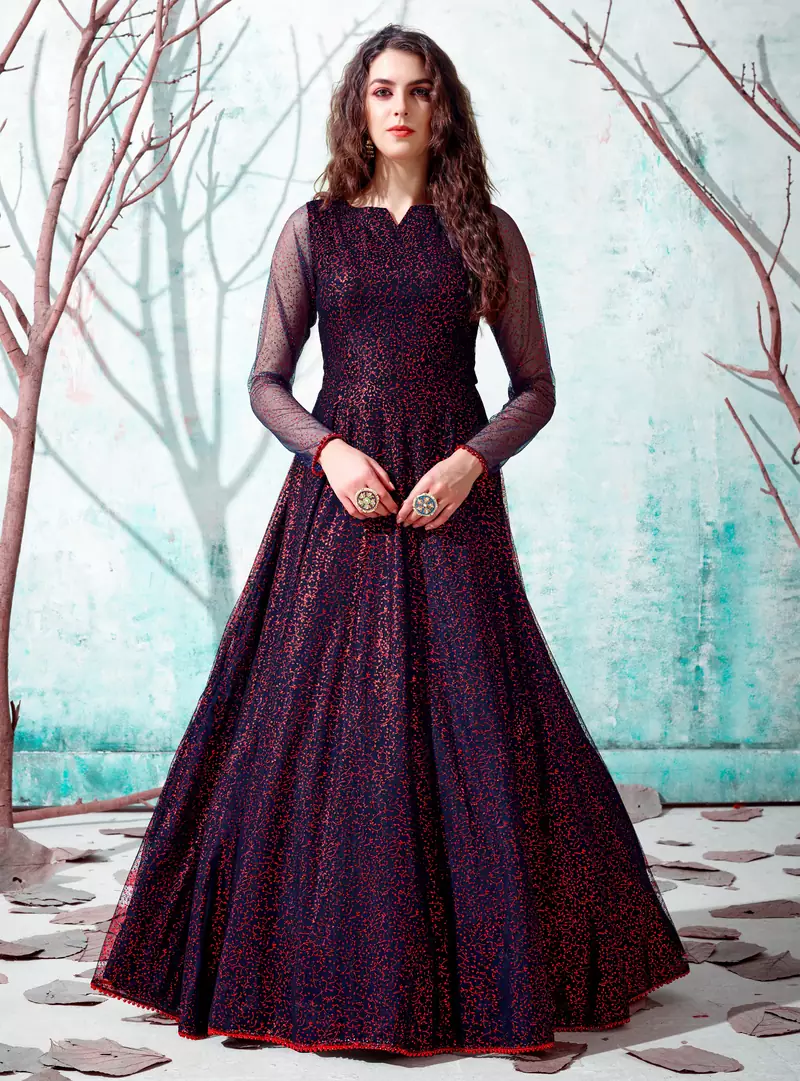 Navy-blue foilage print net Long Gown Evening