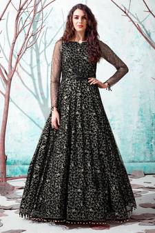 Black foilage print net Evening Long Gown