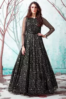 Black foilage print net Evening Long Gown