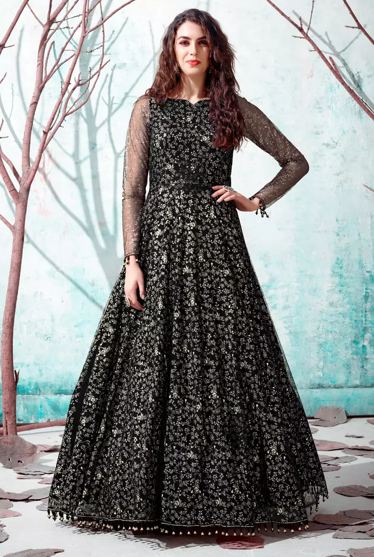 Black foilage print net Evening Long Gown