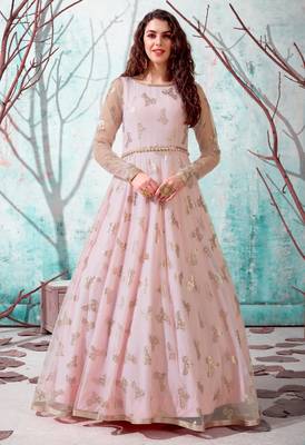 Pink foilage print net Long Evening Party wear Gown  1