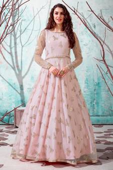 Pink foilage print net Long Gown Evening